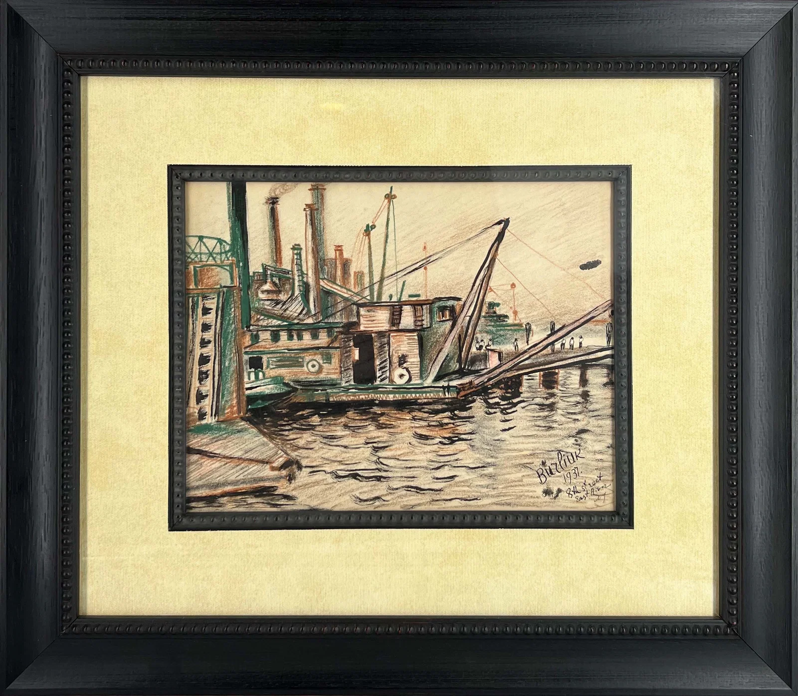 David Burliuk (1882-1967 Russian-American Artist) "Boathouse 8th st East river" - Mixed Media on