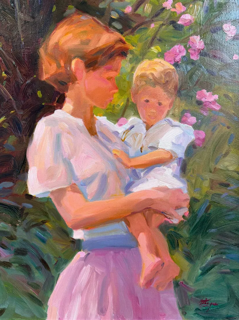 DAVID HETTINGER (American, B. 1946) Oil Painting of Mother and Son