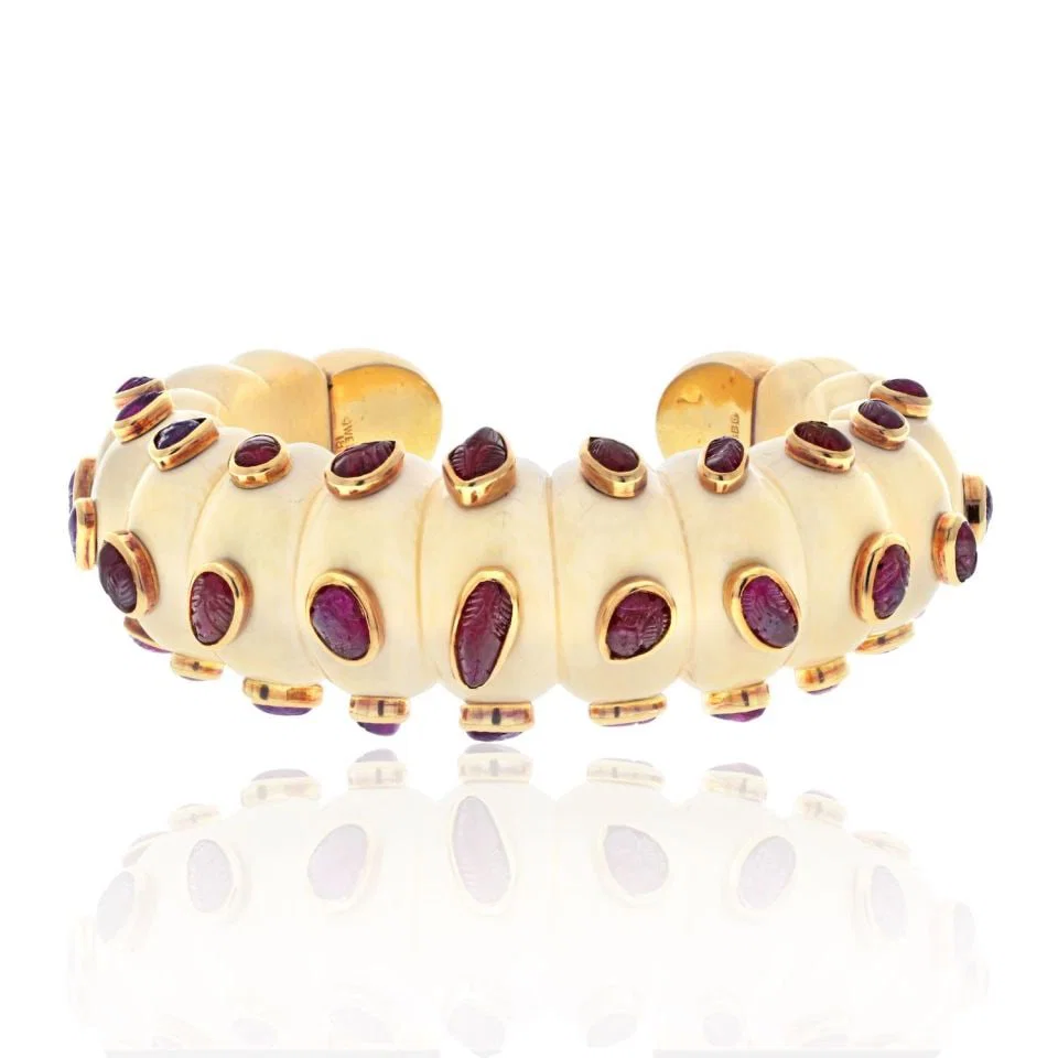 David Webb 18K Gold Ruby Fluted Bone Cuff Bracelet