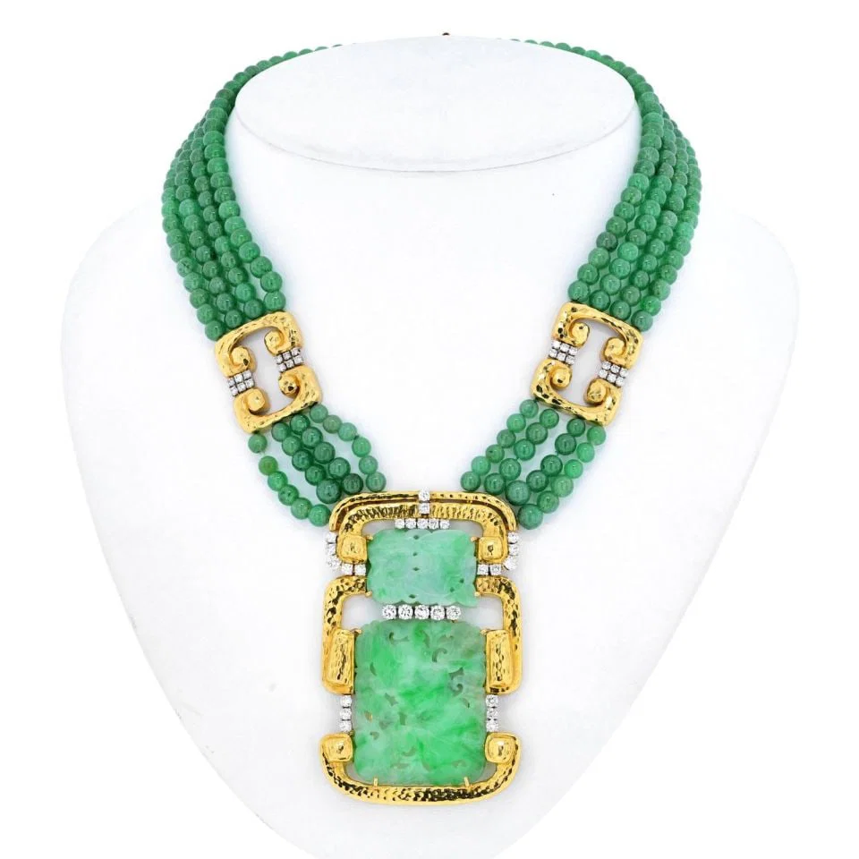 David Webb Multi Strand Jade Diamond Necklace in Platinum & 18K Gold