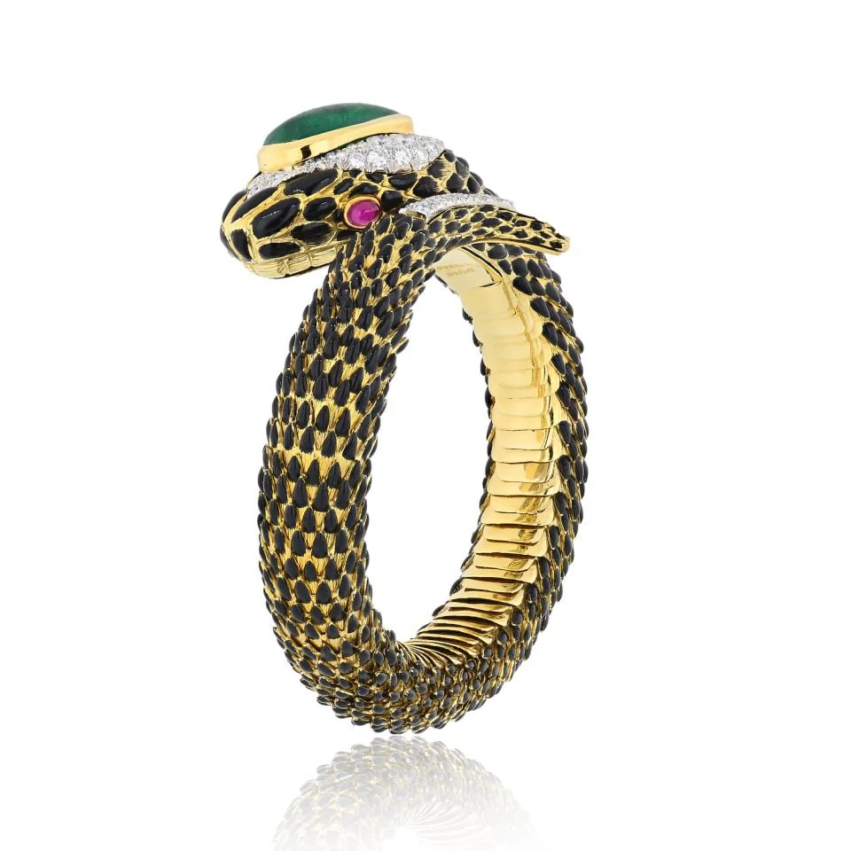 David Webb Snake Bracelet Platinum 18K Yellow Gold Emerald Ruby Diamonds
