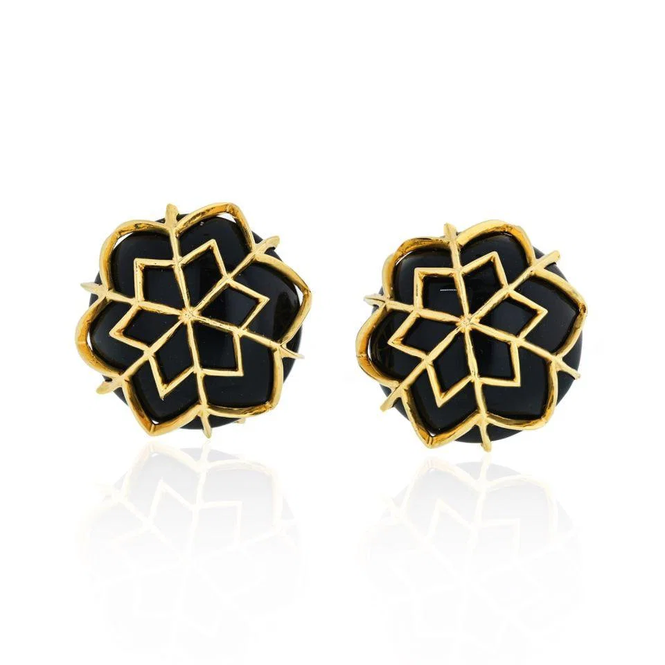 David Webb Snowflake Onyx Earrings Platinum 18K Yellow Gold