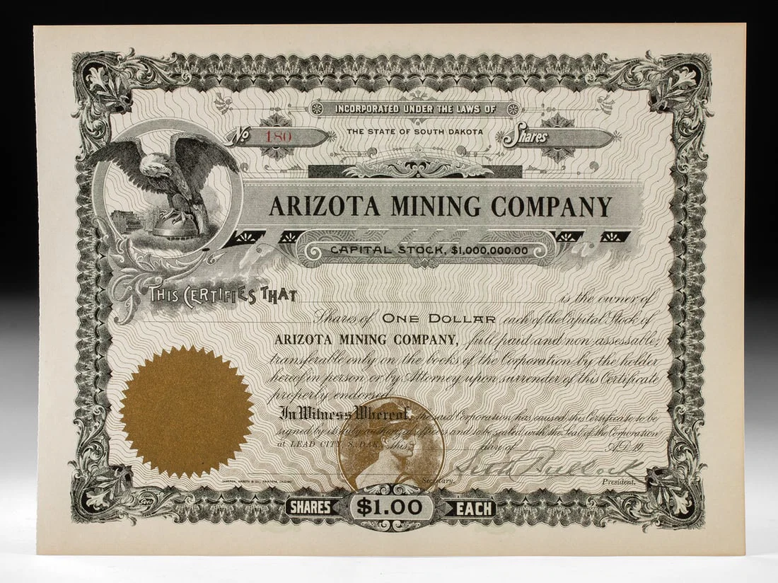 Deadwood Seth Bullock Signed Mining Stock Certificate