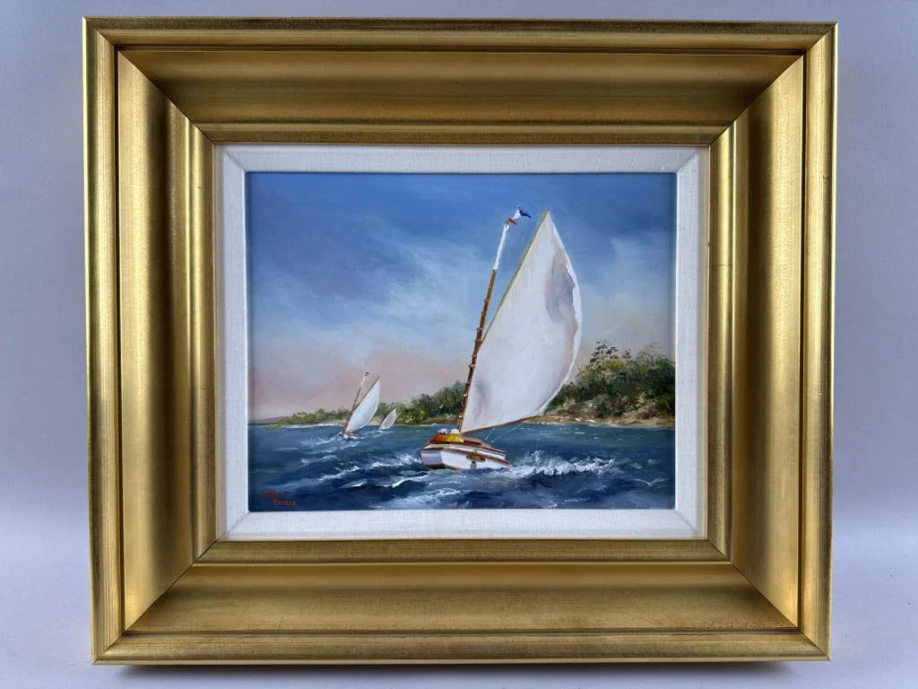 DEBBIE HEARLE (Massachusetts, Contemporary), Catboat race., Oil on board, 11" x 14". Framed 18.5" x