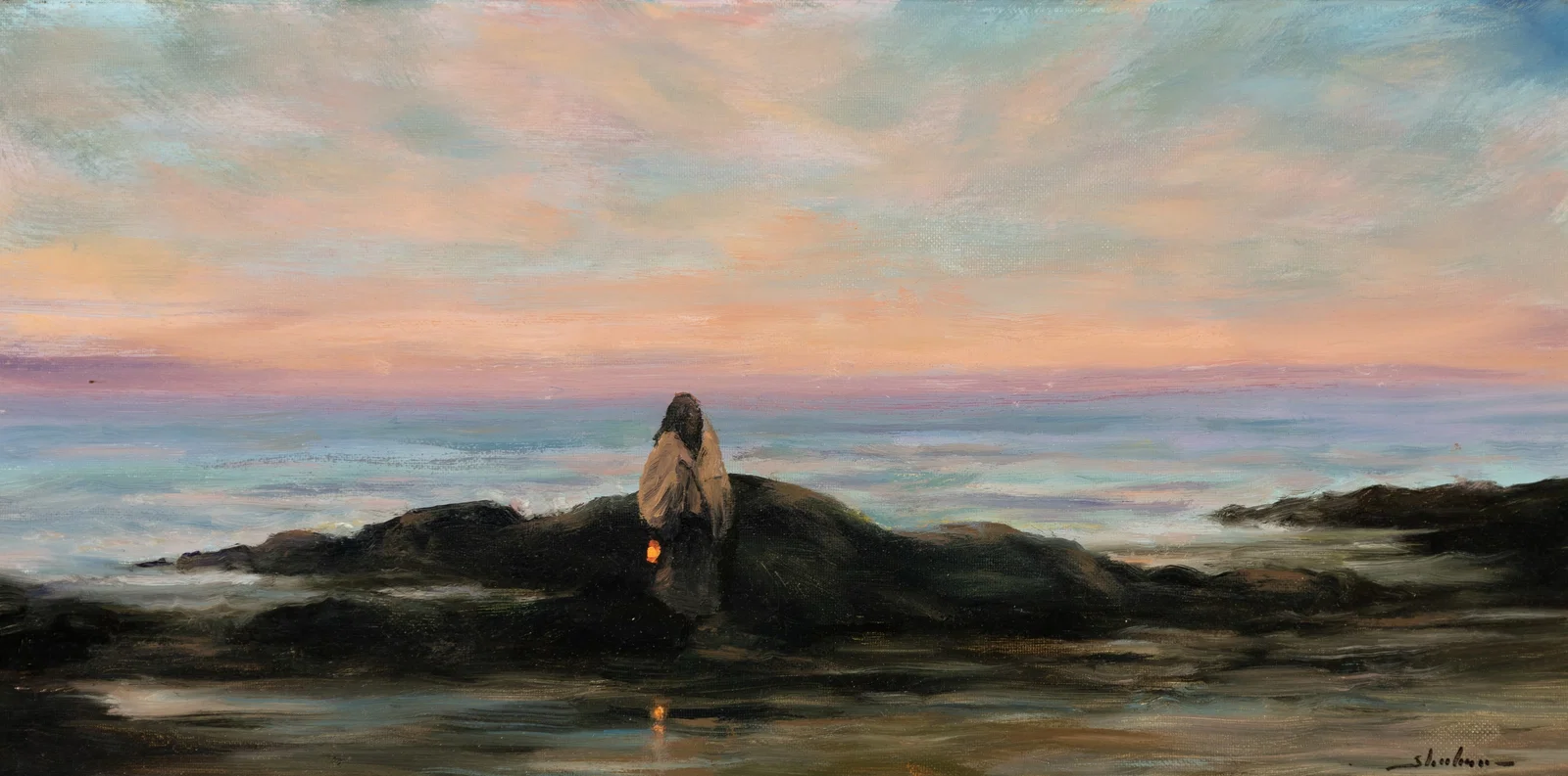 Dennis Sheehan (Am. b. 1950), "Shore Stroll, Evening", Oil on canvas, framed