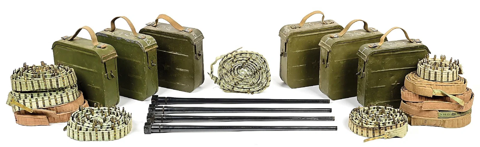 DESIRABLE SHOOTER'S LOT OF VICKERS BELTS AND BARRELS.