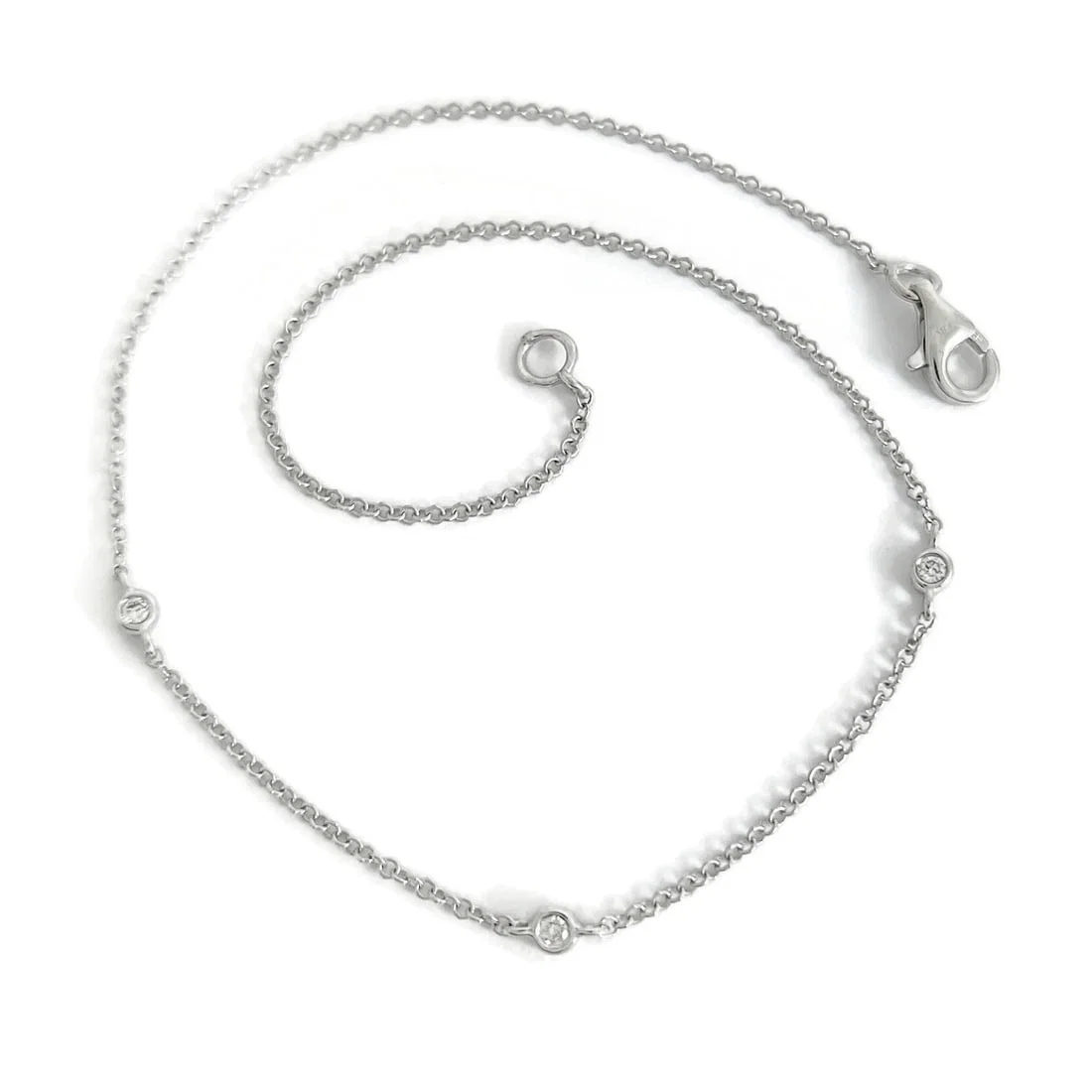 Diamond Bezel Station Chain Anklet Bracelet 14K White Gold, 9.25 Inches, 1.25 Gr