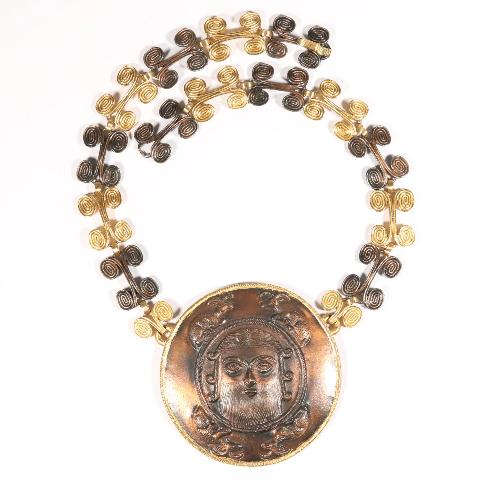 Diane Love for Trifari Sassanian Collar necklace with large copper colored medallion 22"L x 3