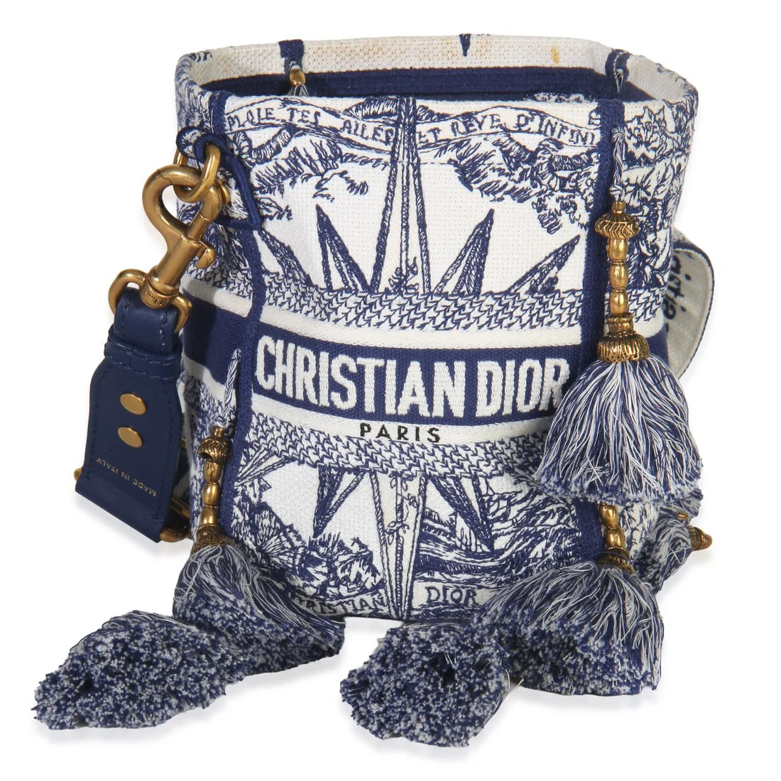 Dior D-Bubble Blue Toile de Jouy Embroidered Canvas Bucket Crossbody Bag