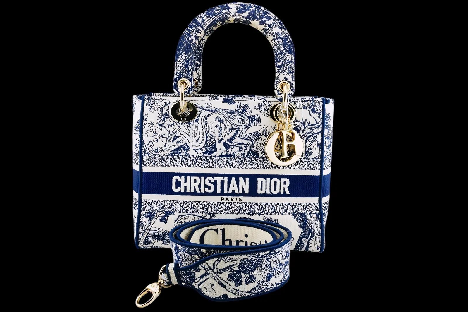 Dior Ecru and Blue Toile de Jouy Medium Lady D-Lite Bag