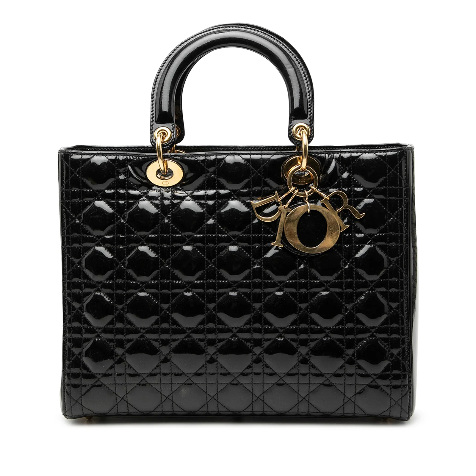 Dior Lady Dior Cannage Large Black Patent Leather Tote with Strap