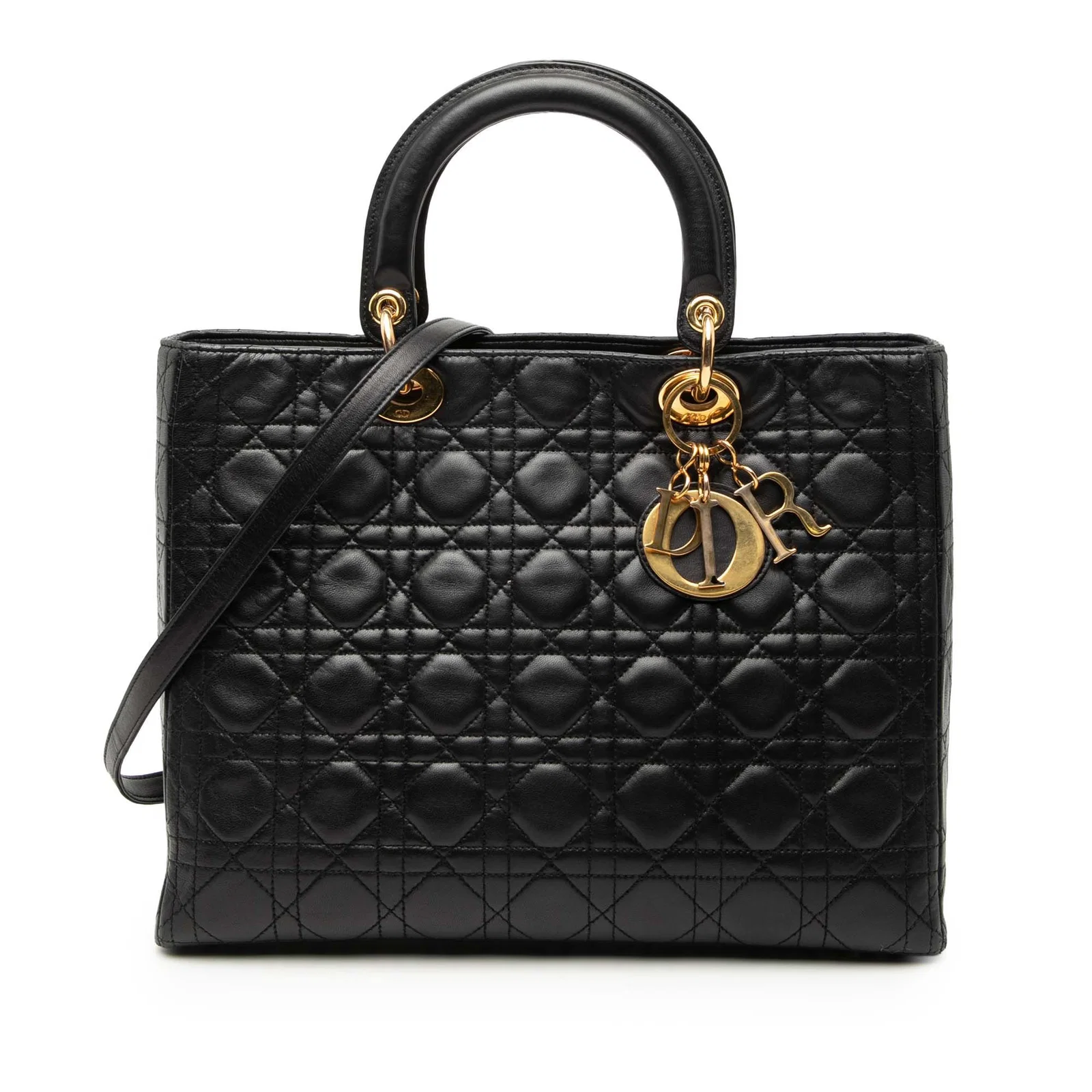 Dior Lady Dior Large Black Cannage Quilted Lambskin Handbag with Strap