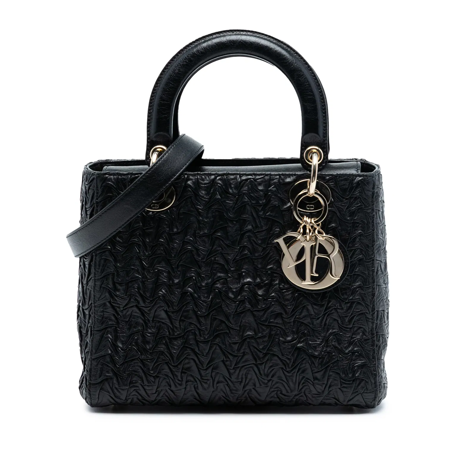 Dior Lady Dior Medium Black Wavy Crinkled Lambskin Bag with Chain Strap