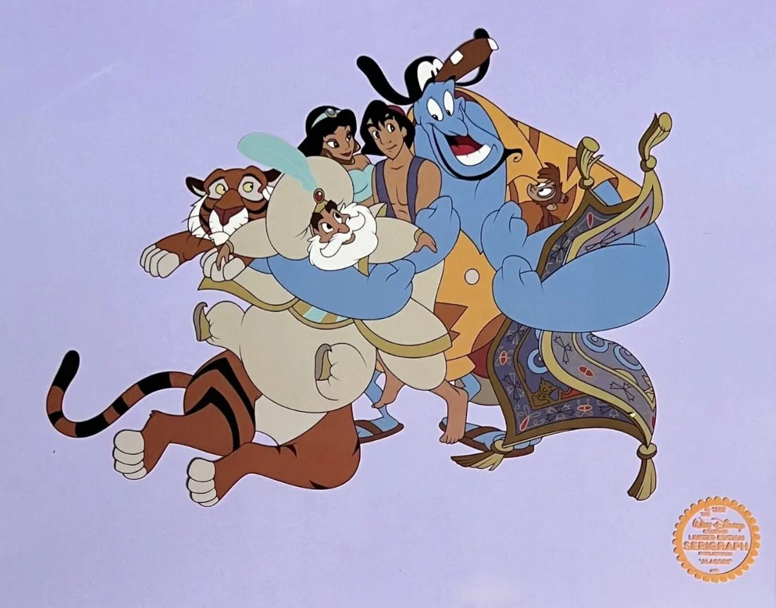 Disney, Aladdin, Jasmine, Genie & Abu - Lavender Background, Limited Edition Animation Cel
