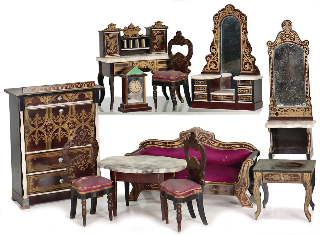 Doll's house furniture with Boulle ornaments, living room, sofa, l: 19 cm, 2 chairs, table,