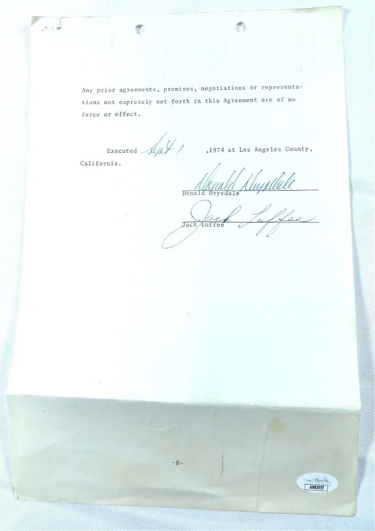 Don Drysdale Signed Business Contract Dodgers 1974 JSA Authenticated