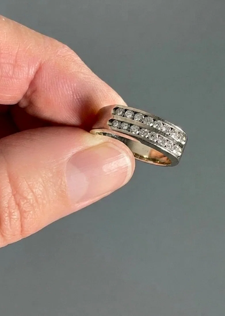 Double Row Channel Set Diamonds 14K White Gold Mens Wedding Band