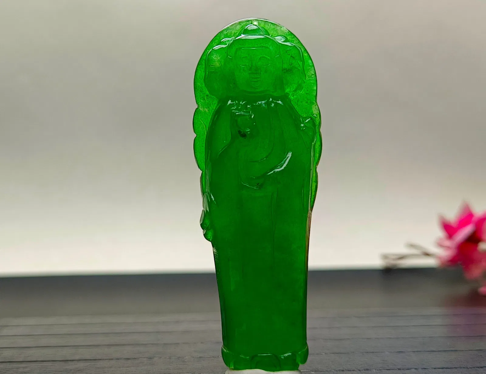 Dragon Stone Type Imperial Green Extra Large and Extra Thick Jadeite Guanyin Pendant