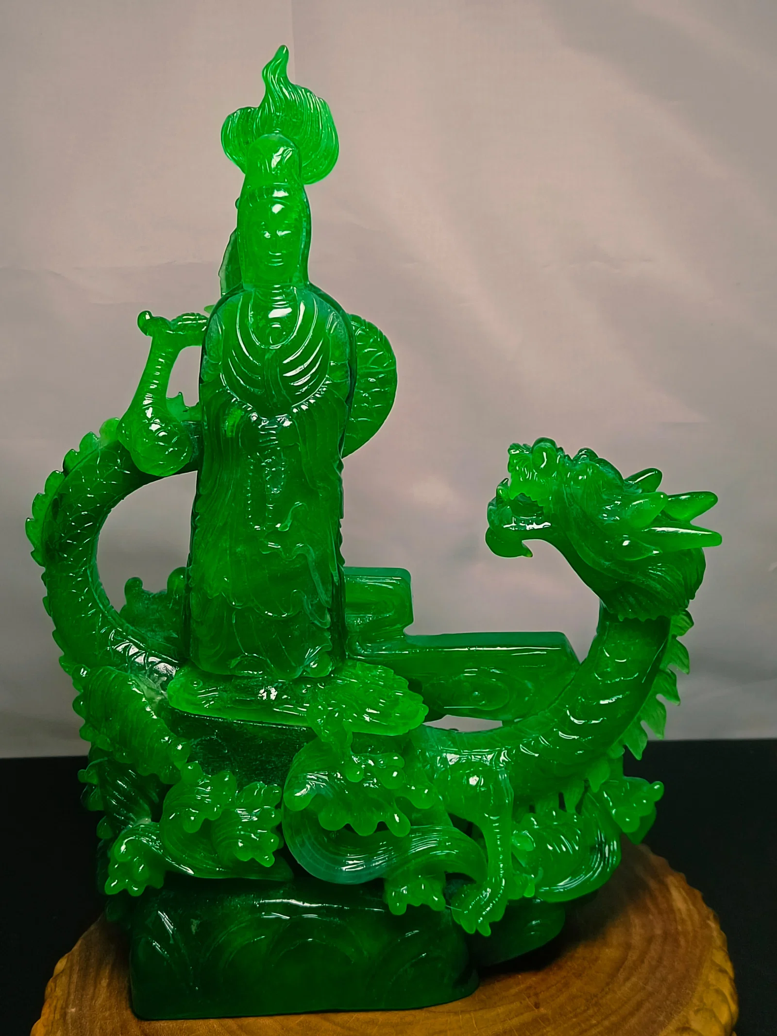 Dragon Stone Type Imperial Green Jadeite Guanyin Riding a Dragon Ornament