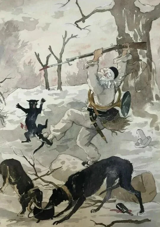 Drawing Harlequin, Dogs, Hunting - Antique Vintage Original