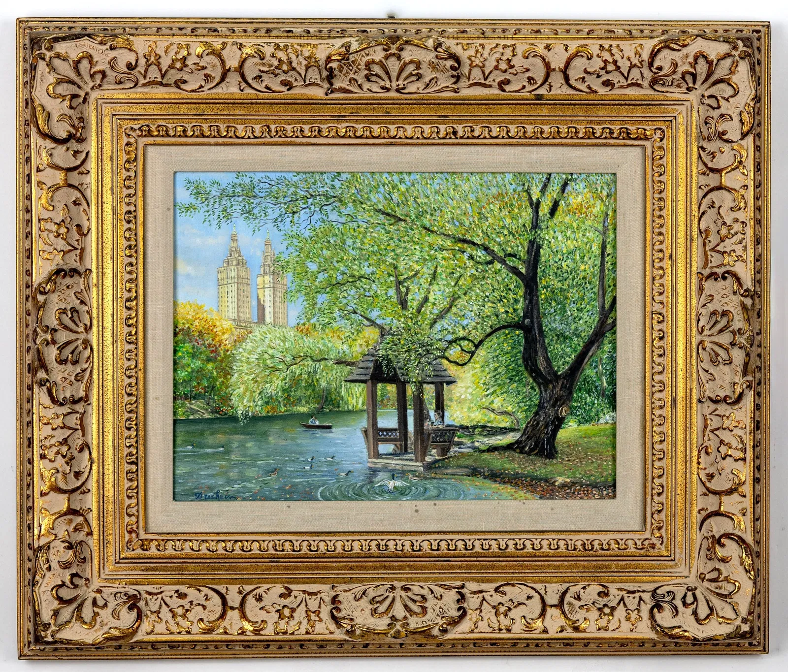 Duchein (American), Central Park Scene with Boathouse, Oil on Canvas