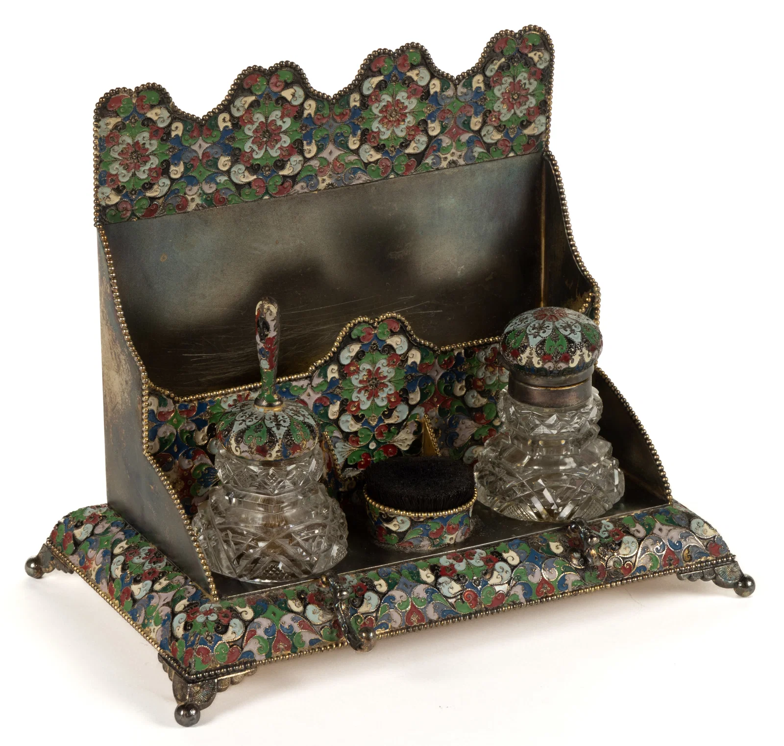 E. G. WEBSTER CHAMPLEVE ENAMEL SILVER-PLATE DESK SET