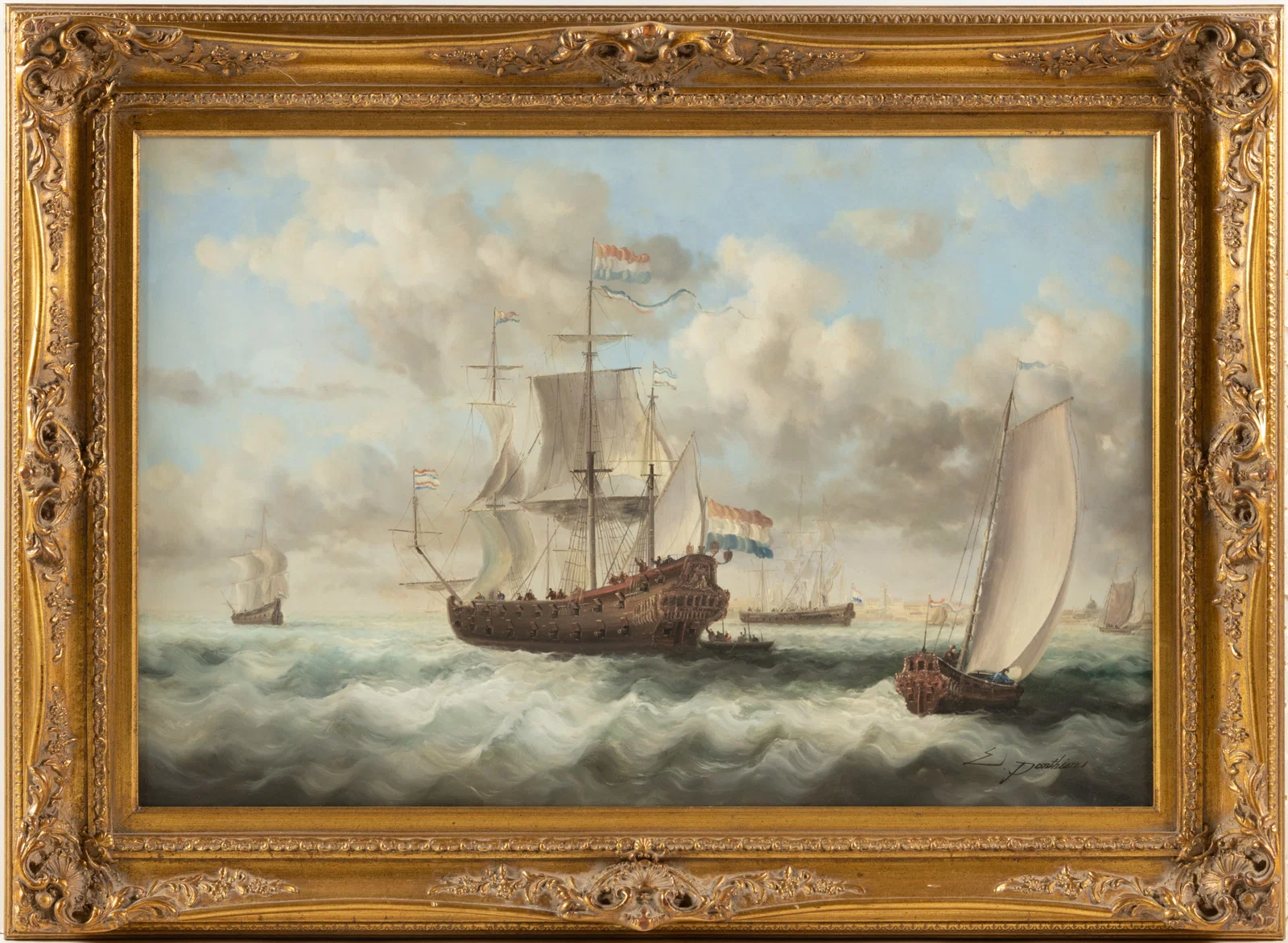 E. PONTHIER (AMERICAN, ACTIVE 20TH / 21ST CENTURY) PAINTING OF FRENCH SHIPS