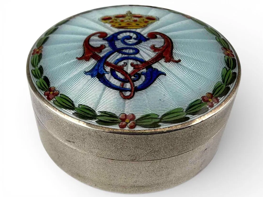 Early 20th C. Italian Guilloch? Enamel Silver Box, Monogram Of Victor Emmanuel III