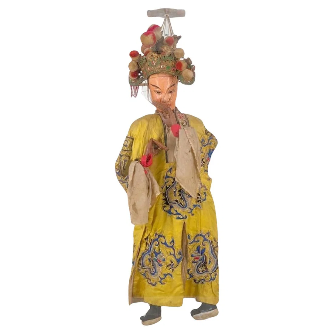 Early 20th Century Chinese Emperor Marionette with Embroidered Silk Robe