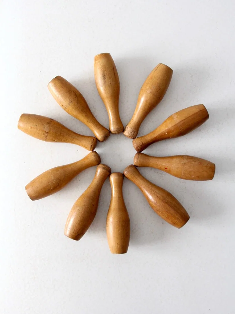 Early 20th Century Wooden Skittles Tabletop Bowling Pin Set for Decor