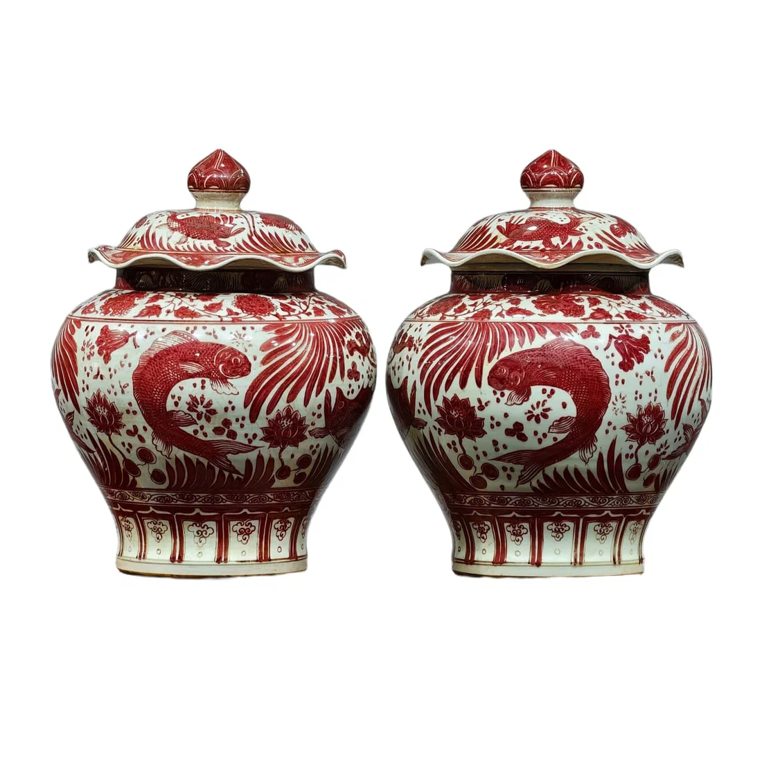 Early Ming Red Lotus Pond Fish Algae Pattern Jar