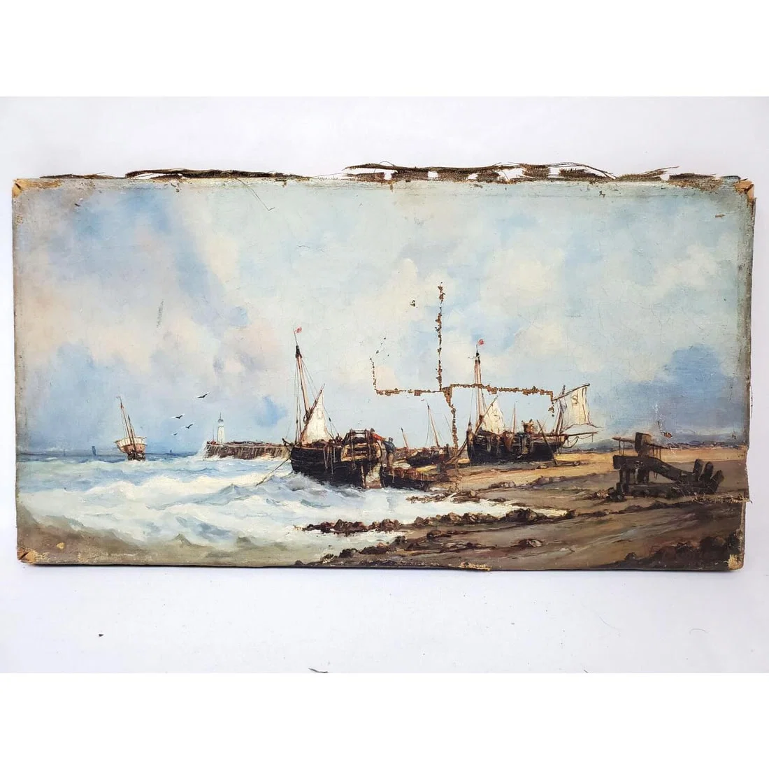 Early Painting Oil on Canvas "Fishing Boats"