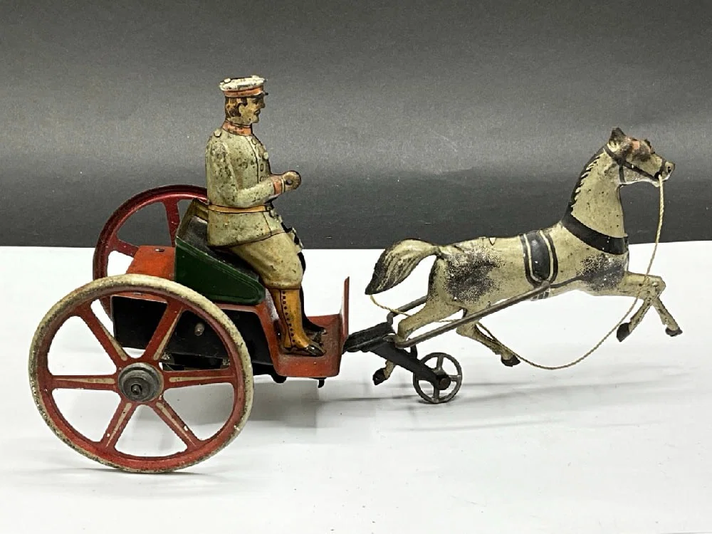 Early Tin Toy Horse and Sulky w/ Rider
