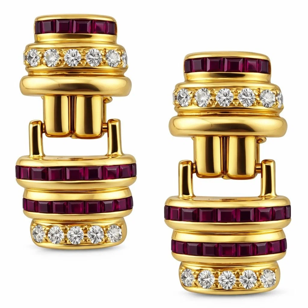 Earrings - 18 kt. Yellow gold, 18K Yellow Gold Ruby and Diamond Clip-On Earrings - 4.0ct. tw.
