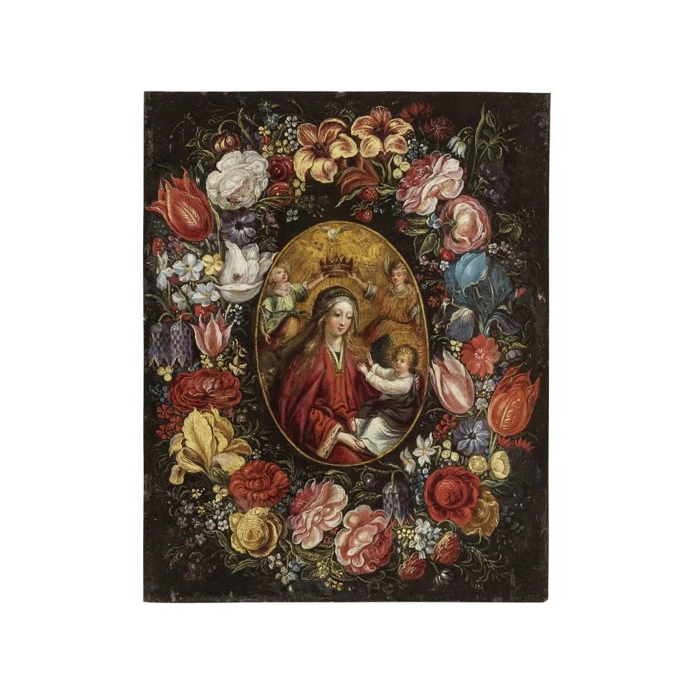 Ecole d'Anvers, vers 1640 Le couronnement de la Vierge à l'Enfant dans une guirlande de fleurs