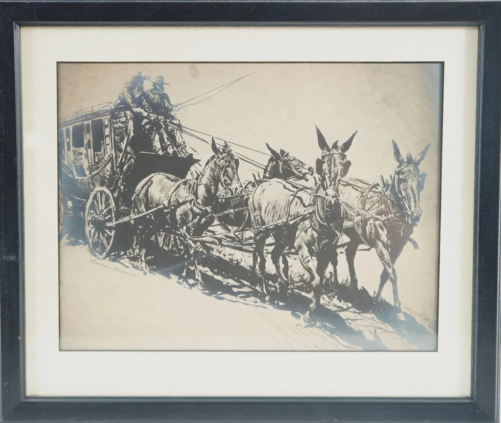 Ed Borein ink drawing "stagecoach with book"