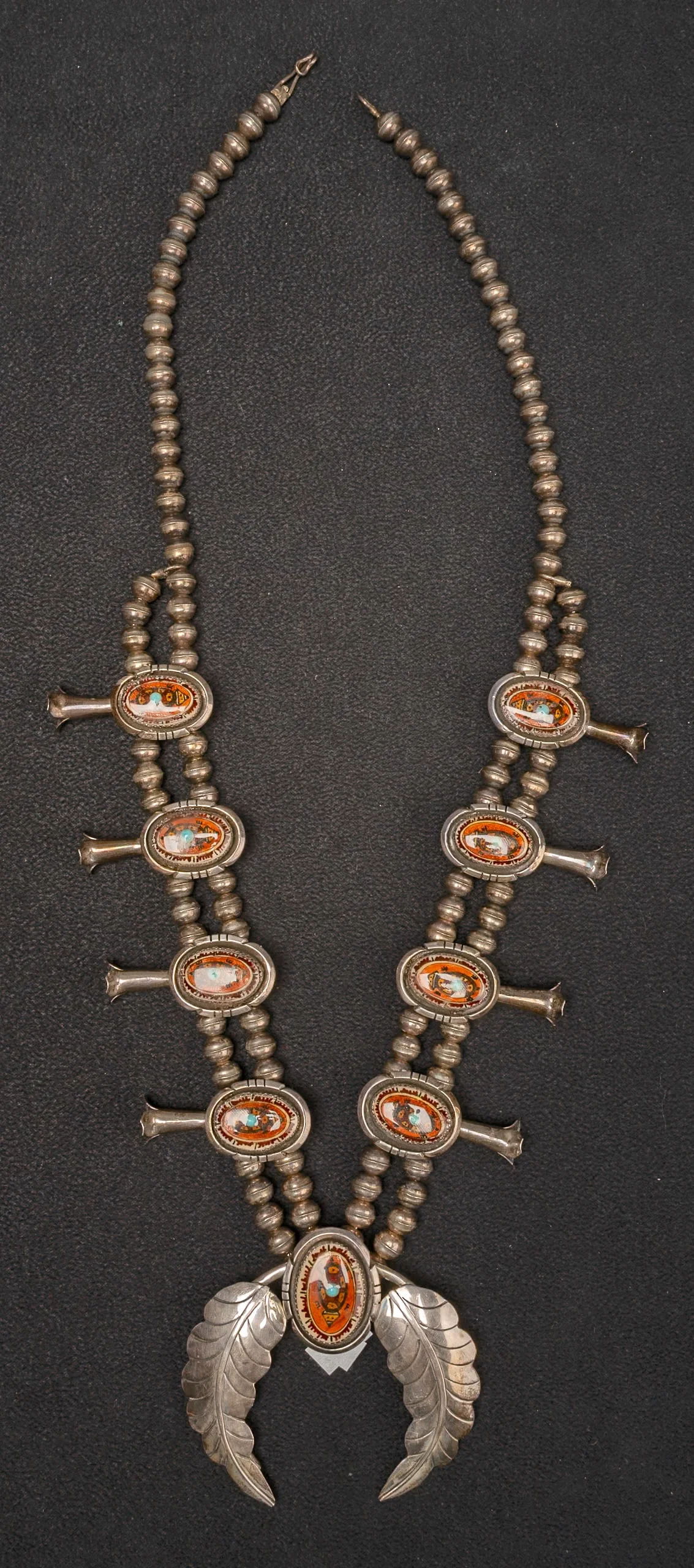 Eddie Secatero Navajo Hand Painted Coral Turtle Spirit Animal Squash Blossom Sterling Silver