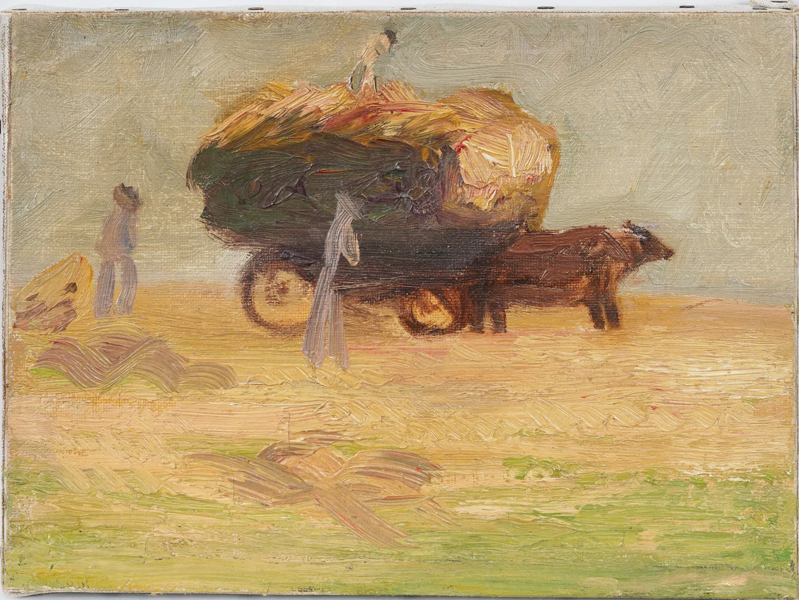 Edith Mann (1882-1957) Vintage American Impressionist Farm Work Ox Drawn Cart Original Oil Painting