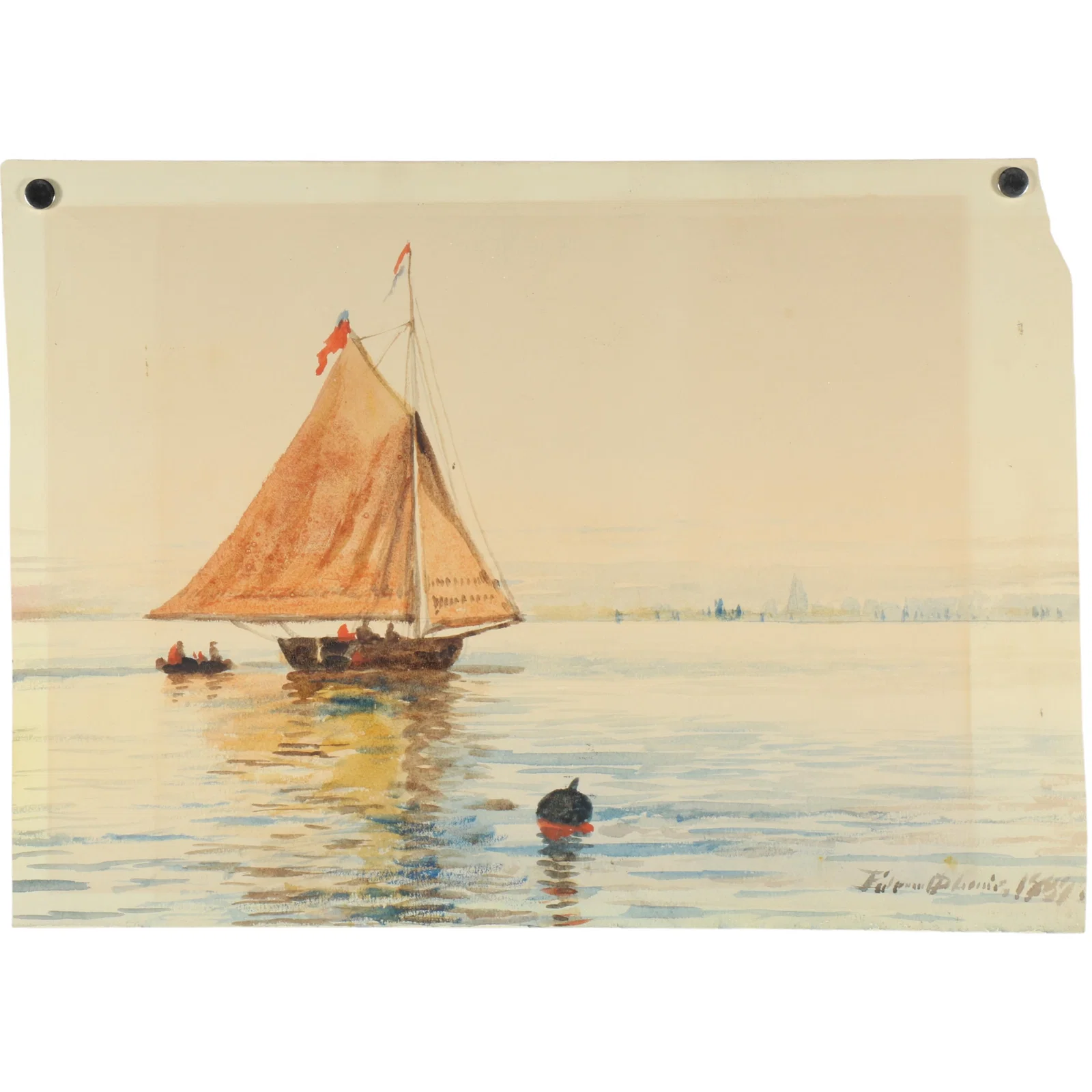 Edmund Darch Lewis, American (1835-1910), Sailboat and Buoy, 1887, Watercolor on paper, 9 3/4"H x 13