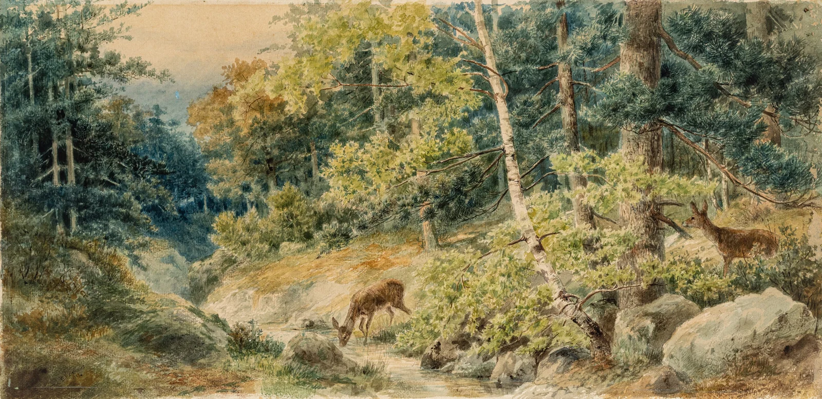 Edmund Henry Osthaus (American, 1858-1928) Watercolor on Paper 1888, 'Two Deer in an Ohio