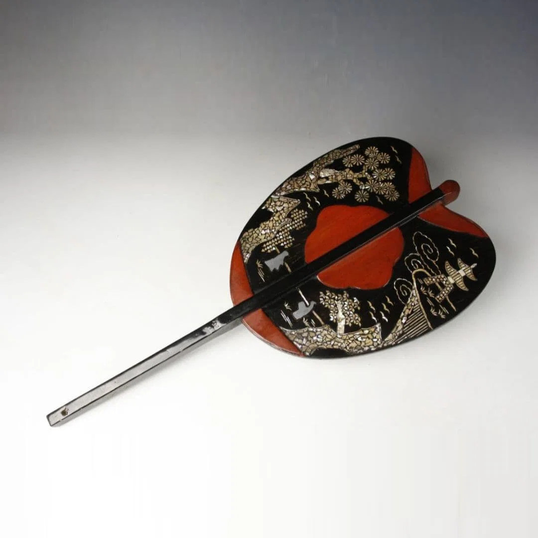 Edo period lacquer and shell inlaid war fan, sumo referee's baton.