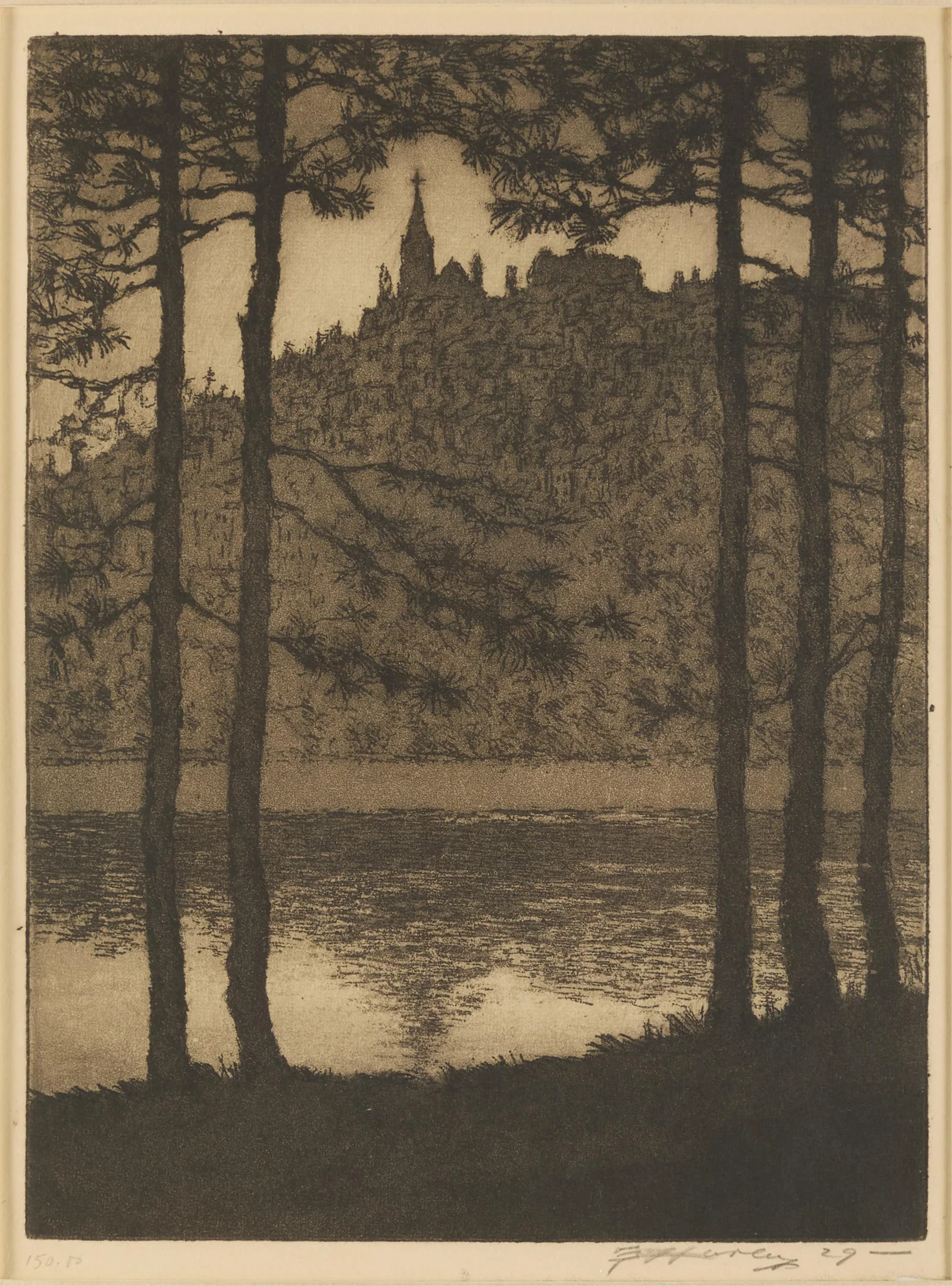 Edward T. Hurley "View of Mt. Auburn" Etching 1929