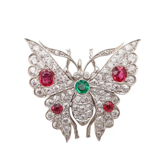 EDWARDIAN 1900 Fabulous Butterfly In 18Kt Gold With Diamonds, Rubies & Emerald