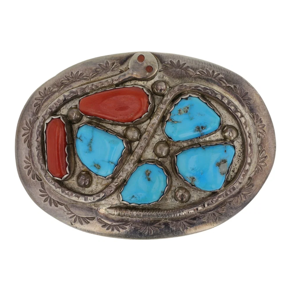 Effie Calavaza Zuni ( Effie C) Turquoise & Coral Belt Buckle