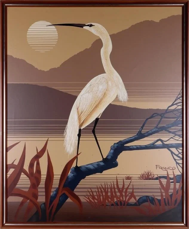 EGRET PERCH FRANCO 1970'S OIL ON CANVAS FRAMED