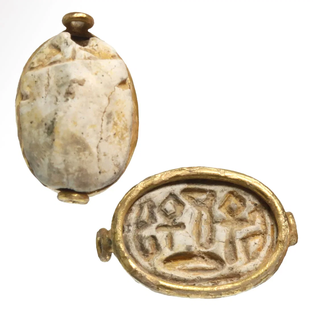 Egyptian Steatite Scarab in Gold Frame with Hieroglyphs, c. 1500 B.C.
