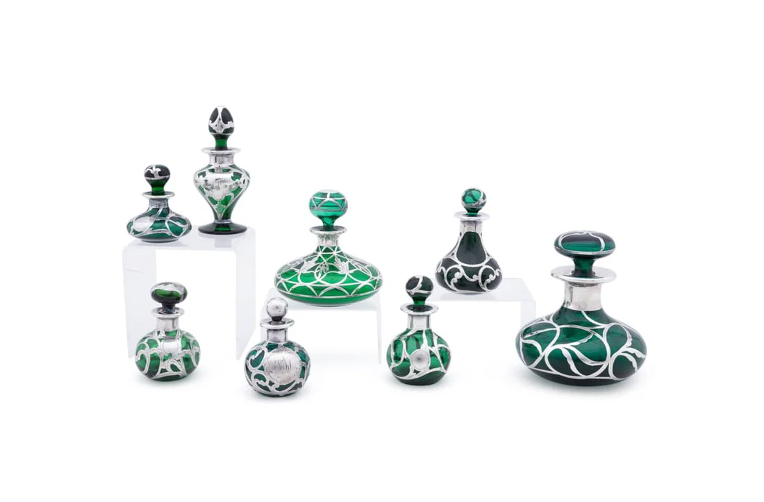 EIGHT .999 SILVER OVER GREEN GLASS PERFUME BOTTLES
