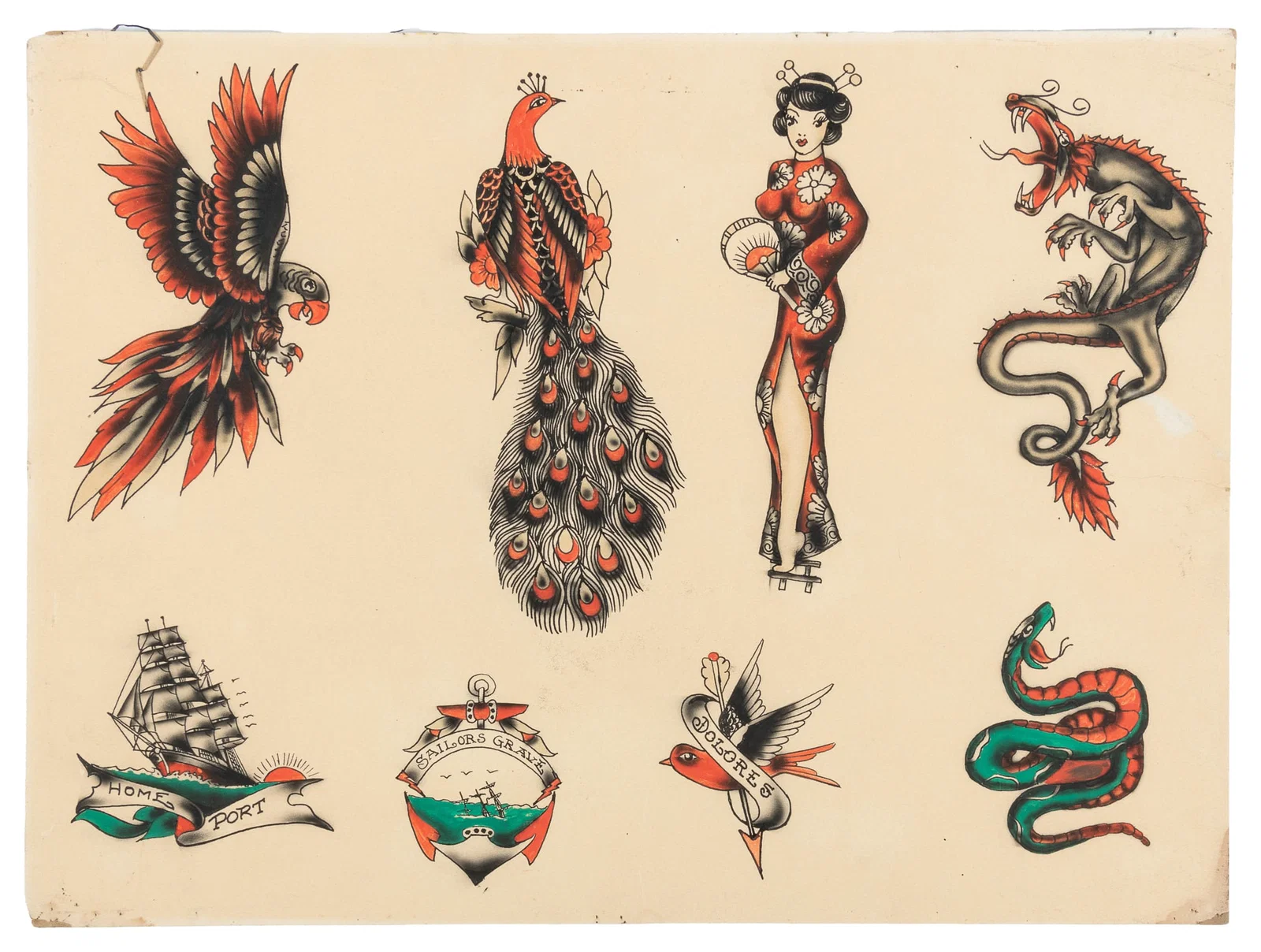 Eight Hand-Colored Flash Designs, UK, ca. 1930-1940s