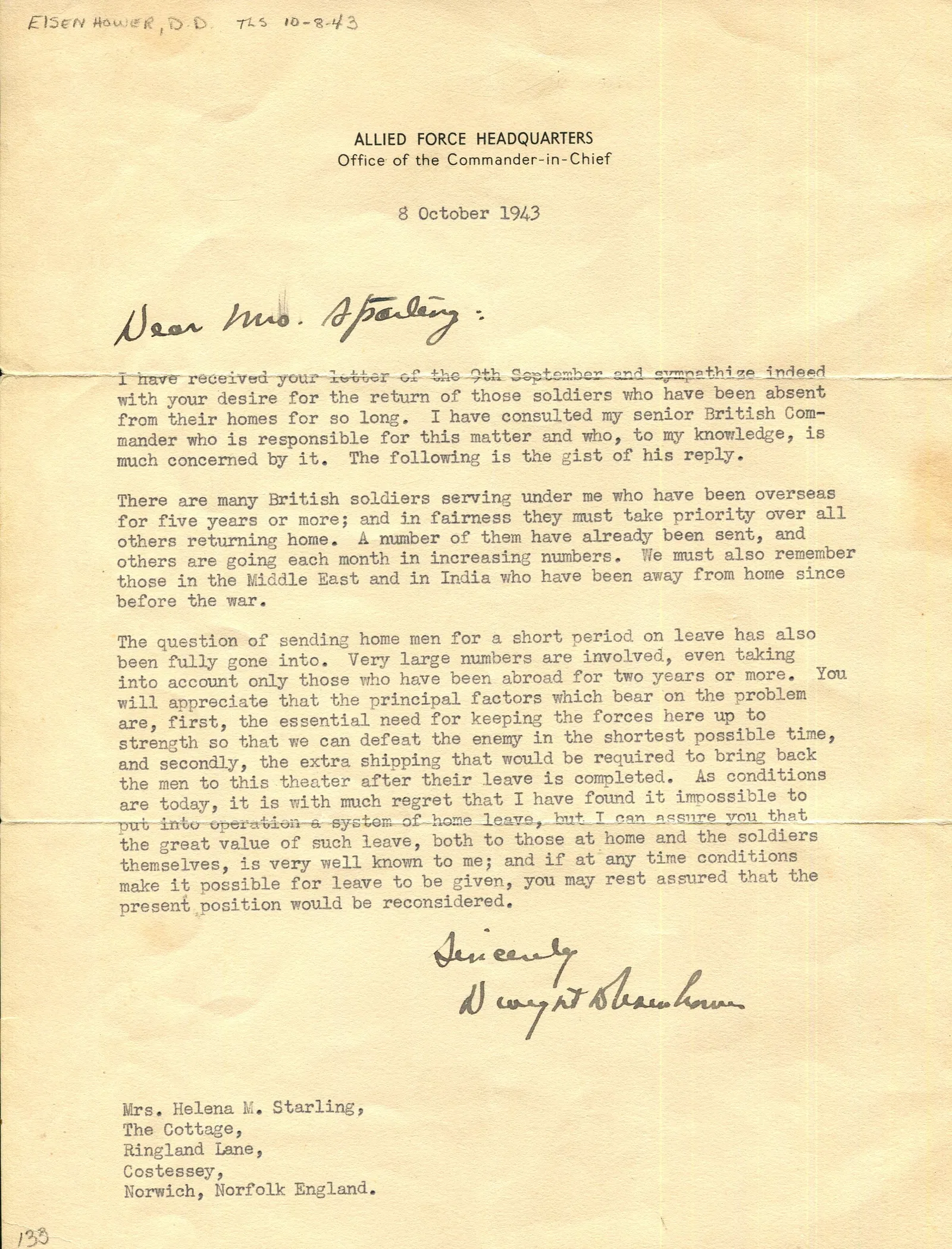 EISENHOWER DWIGHT D.: (1890-1969) Eisenhower explains that defeating ´ the enemy in the shortest