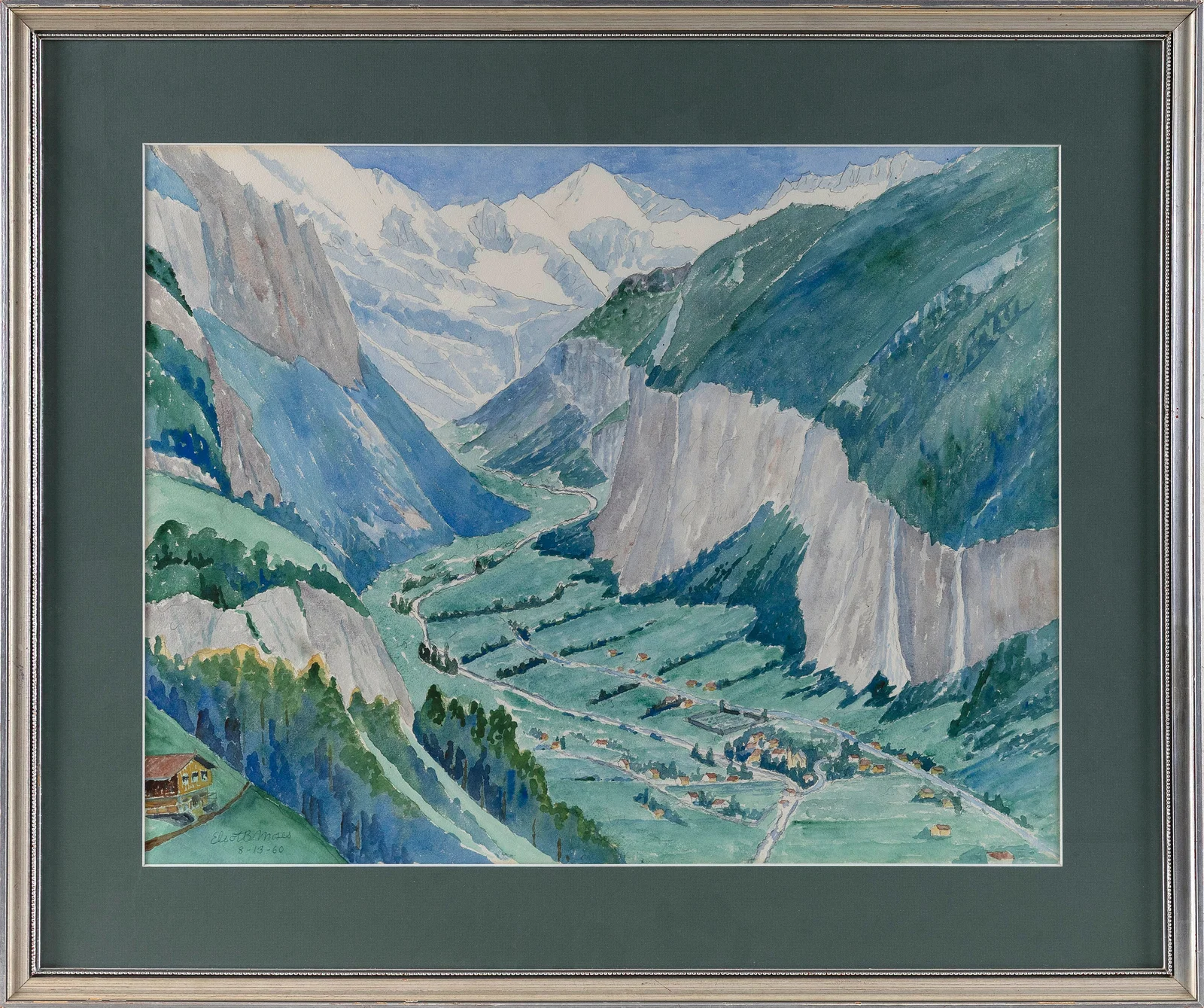 ELIOT B. MOSES (20th Century,), Mountain valley., Watercolor on paper, 17.5" x 22.5". Framed 24.5" x